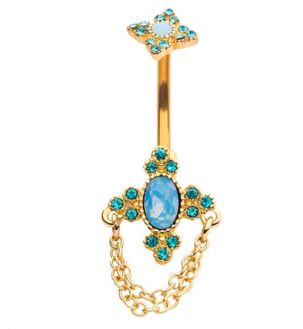 Gold PVD Regal Opalite Dangle Chain Aqua CZ Belly Button Ring