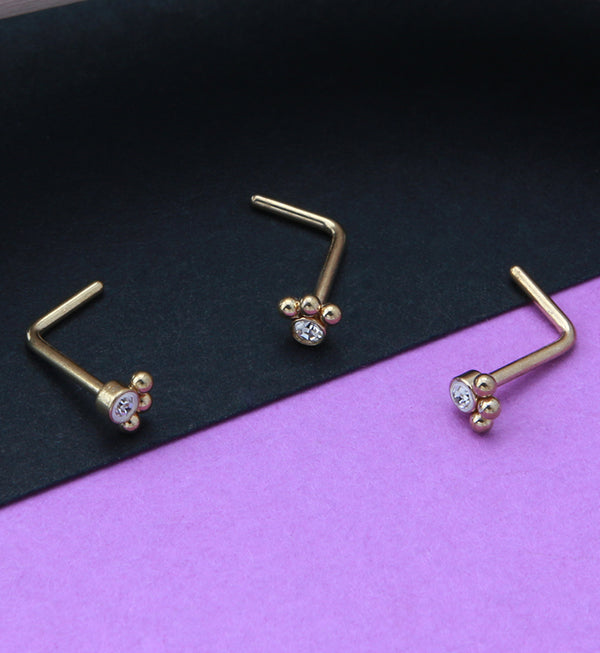 Gold PVD Triple Beaded Clear CZ L Bend Nose Stud