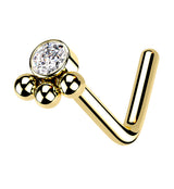 Gold PVD Triple Beaded Clear CZ L Bend Nose Stud