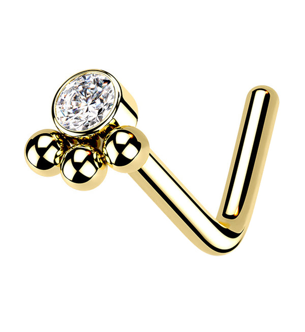 Gold PVD Triple Beaded Clear CZ L Bend Nose Stud