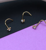 Gold PVD Triple Beaded Clear CZ Nose Screw Ring