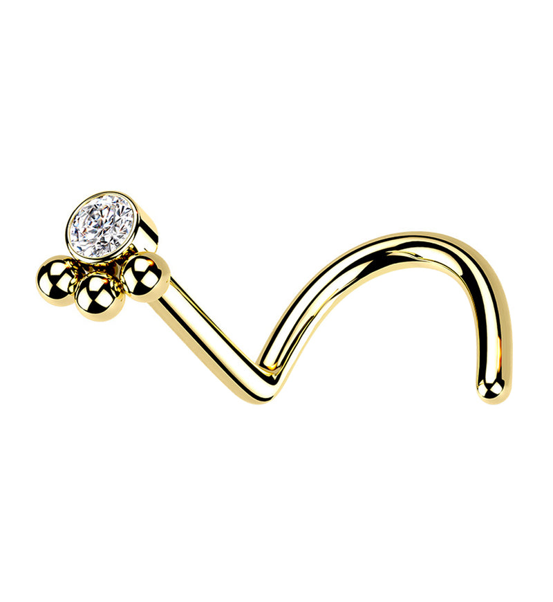 Gold PVD Triple Beaded Clear CZ Nose Screw Ring