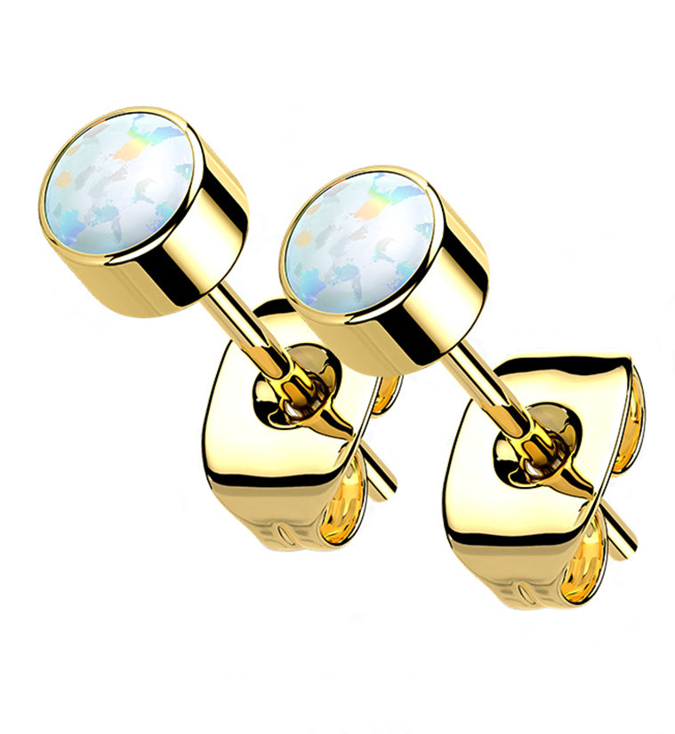 Gold PVD White Opal Titanium Bezel Earrings