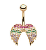 Gold PVD Wings Rainbow CZ Stainless Steel Belly Button Ring