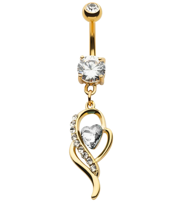 Gold PVD Wisp Clear Heart CZ Dangle Belly Button Ring