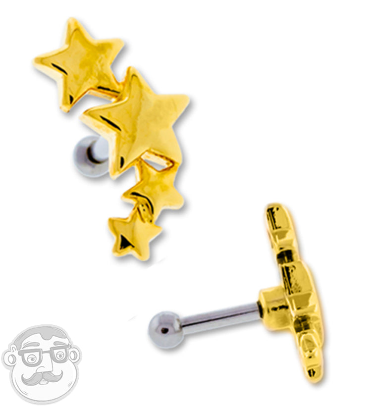 16G Gold PVD Triple Star Tragus / Cartilage Barbell