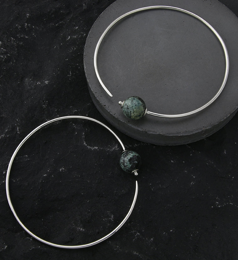 Green Jasper Stone Orb White Brass Hangers / Plug Hoops