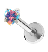 Heart Rainbow Aurora CZ Stainless Steel Internally Threaded Labret