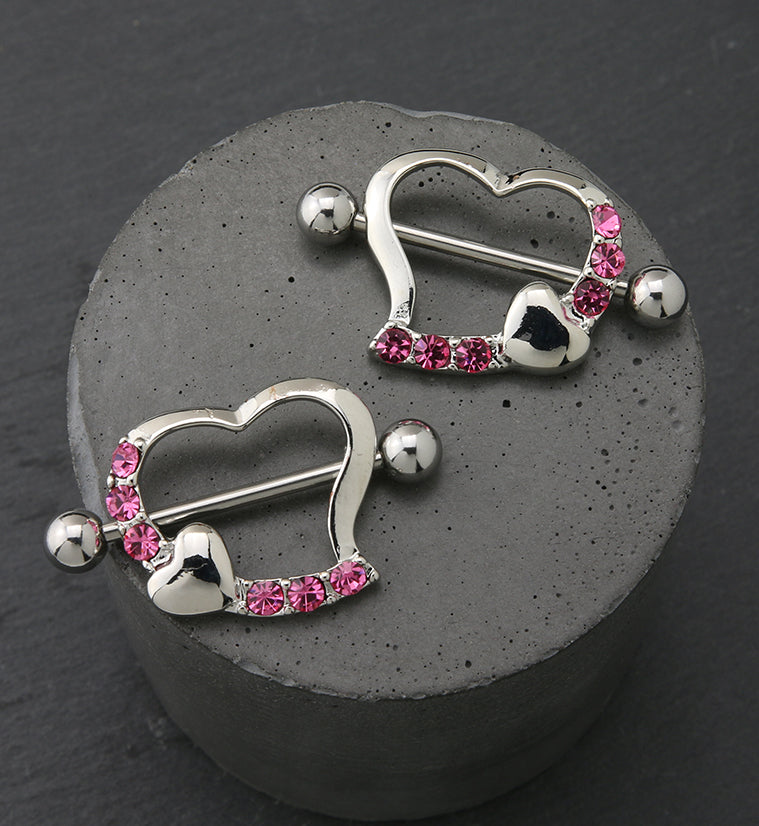 Heart Pink CZ Nipple Ring Barbell Shield