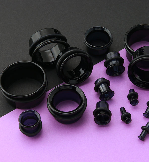 Midnight Black Glass Tunnel Plugs - Single Flare