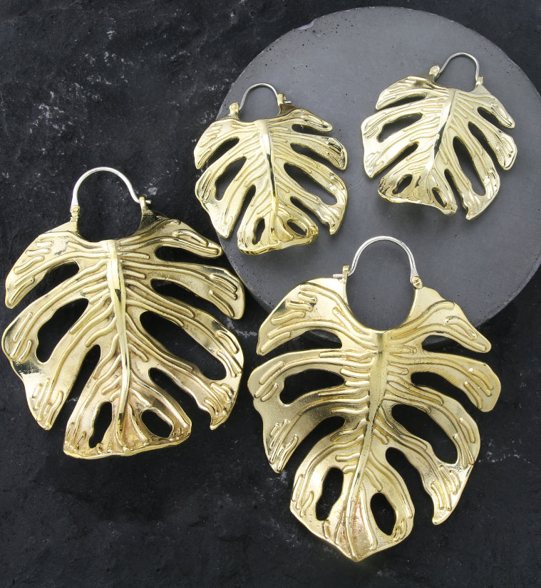 Monstera Variegata Leaf Brass Hangers / Earrings