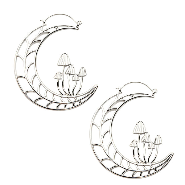 Mushroom Half Moon Stainless Steel Plug Hoops