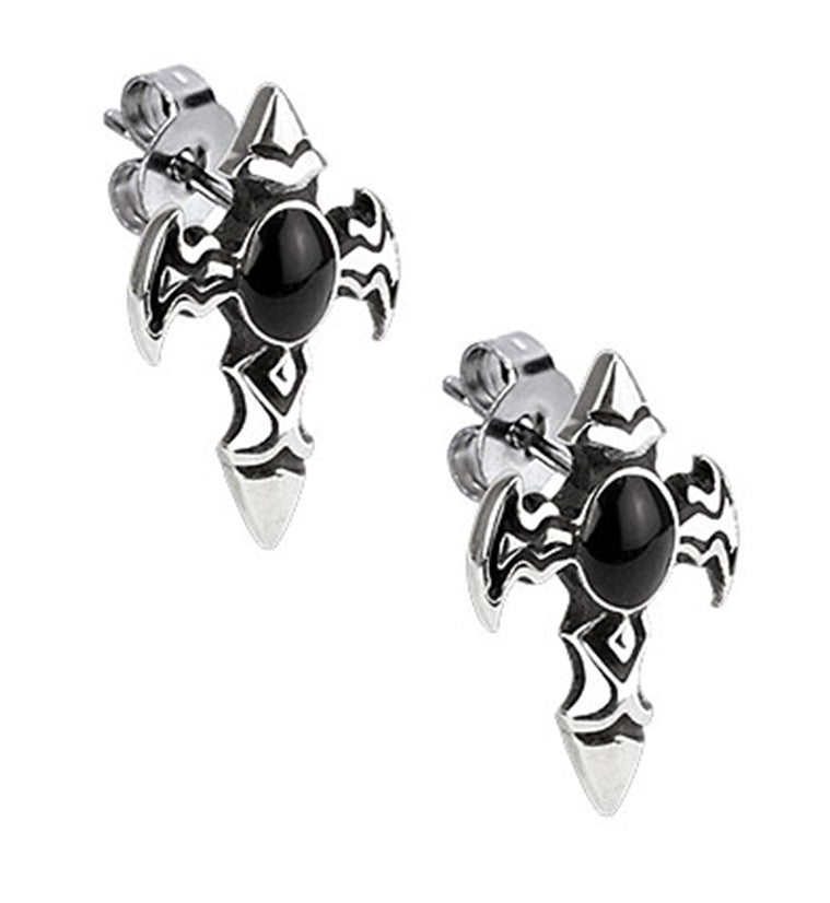 Onyx Stone Cross Stainless Steel Stud Earrings