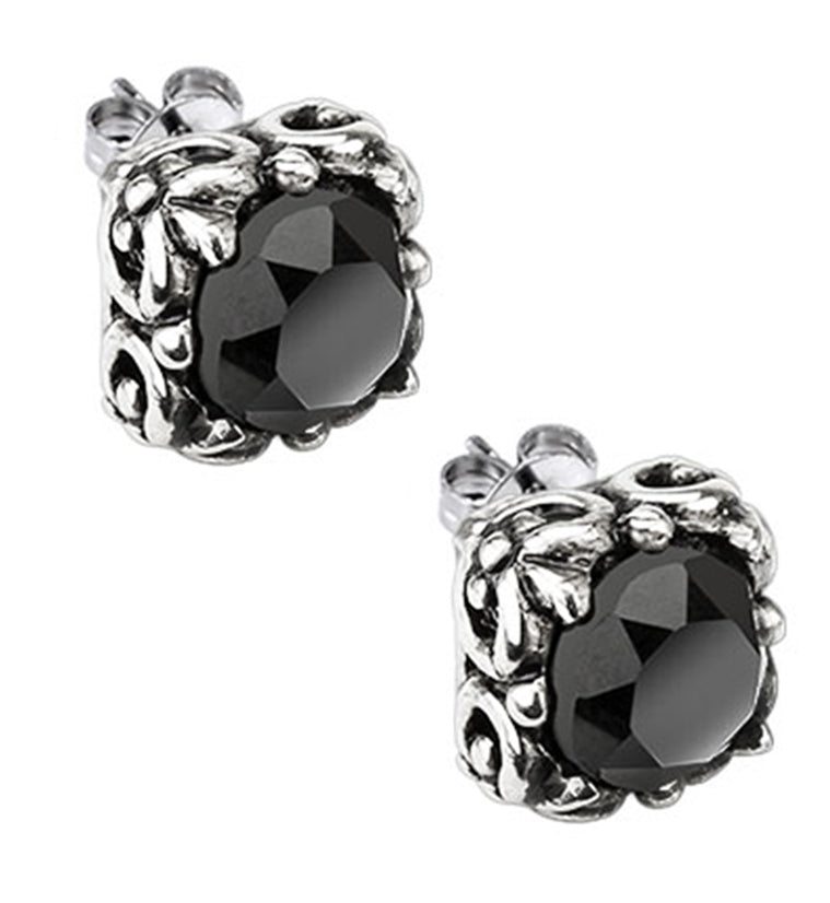 Ornate Black Square CZ Stainless Steel Stud Earrings