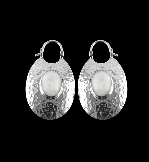 Oviform Hammered Silver Moonstone Hangers / Earrings