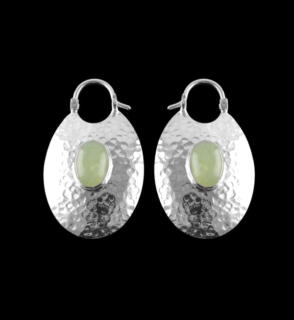 Oviform Hammered Silver Prehnite Stone Hangers / Earrings