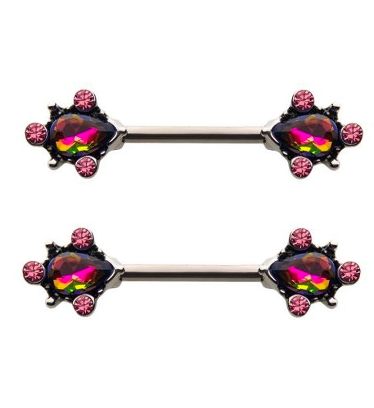 14G Pink Aurora CZ Filigree Nipple Rings Barbell