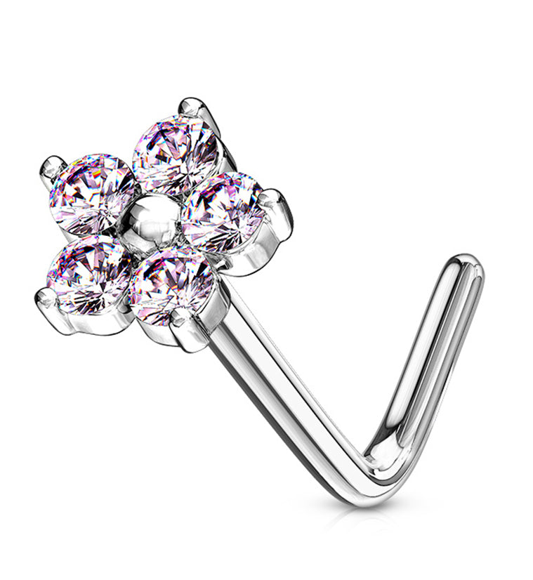 20G 14kt White Gold Pink CZ Floral L Bend Nose Ring