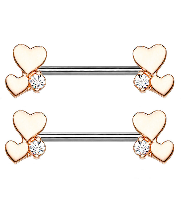 14G Rose Gold Double Heart Nipple Ring Barbell UrbanBodyJewelry