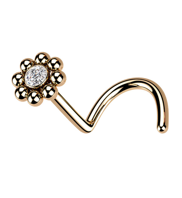 Rose Gold PVD Beaded Flower CZ Nose Screw Ring