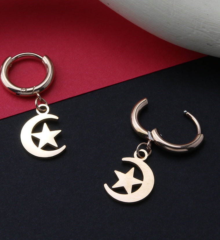 Rose Gold PVD Crescent Star Stainless Steel Hinged Earrings