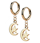 Rose Gold PVD Crescent Star Stainless Steel Hinged Earrings