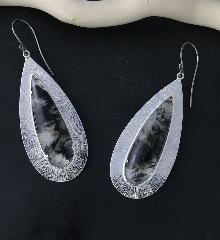 Score Tourmalated Quartz Stone White Brass Hangers / Earrings