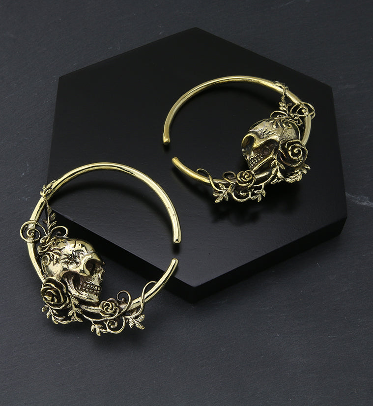 Skull Rose Hoop Brass Ear Weights