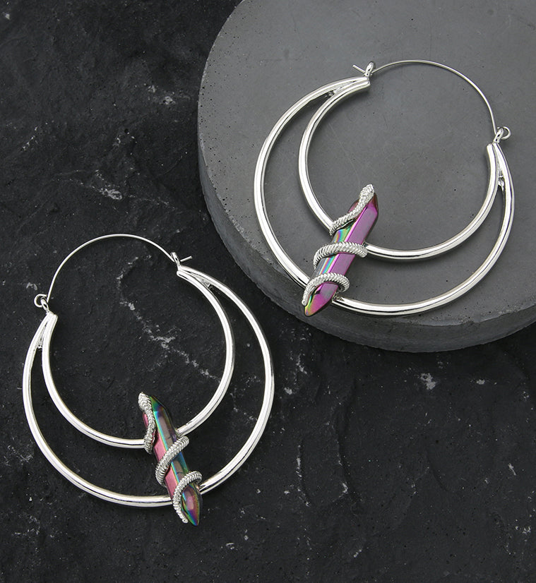 Snake Wrapped Rainbow Aurora Crystal Stainless Steel Plug Hoops