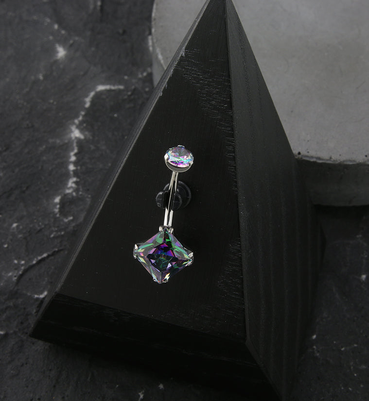 Square Black Aurora CZ Internally Threaded Titanium Belly Button Ring