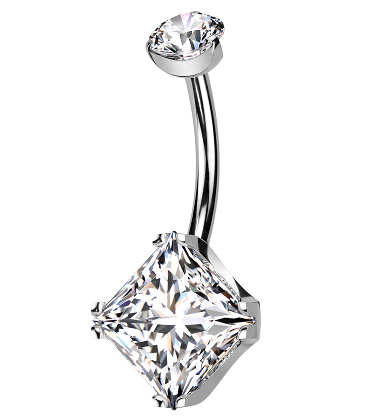 Square Clear Cz Internally Threaded Titanium Belly Button Ring