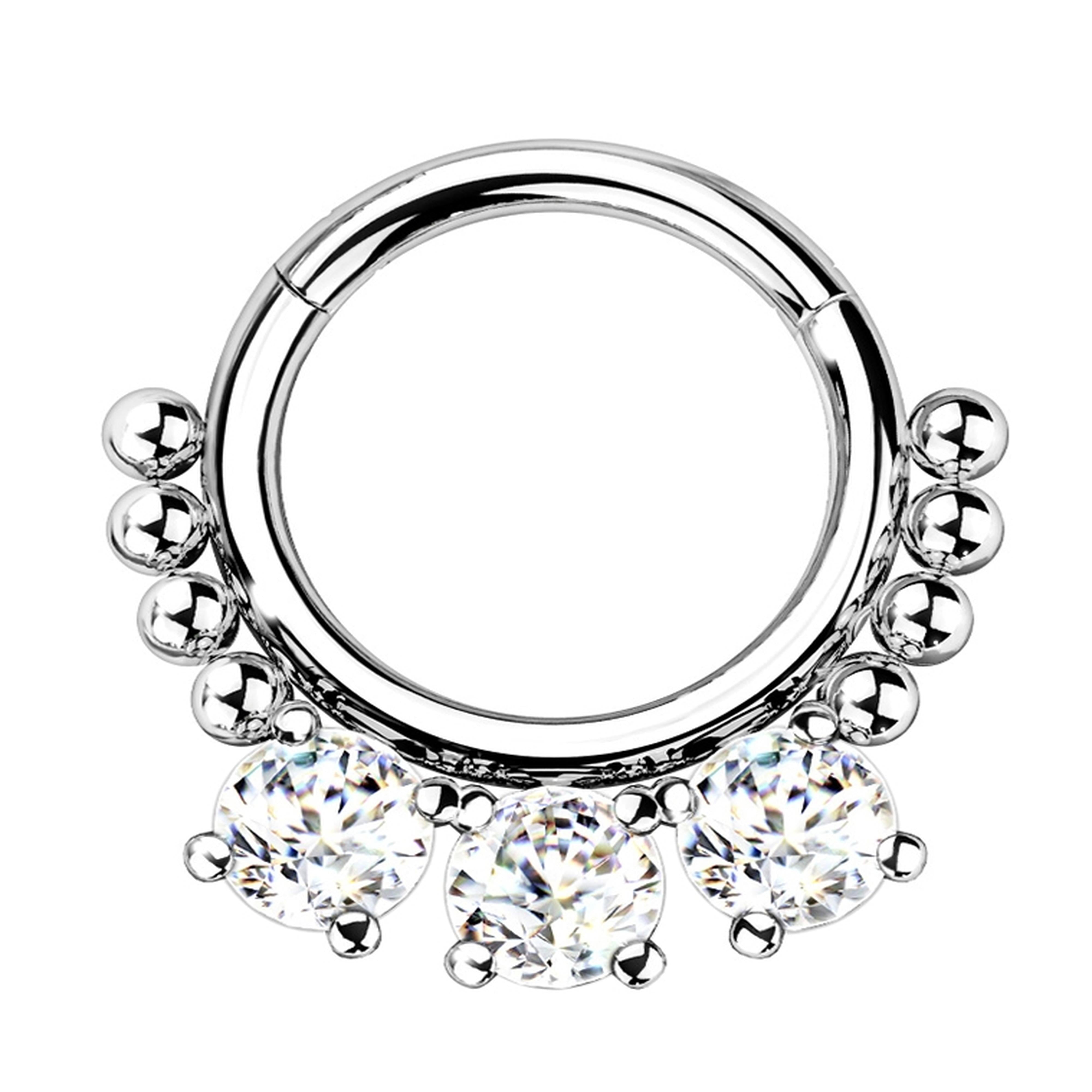 Triple CZ Bead Hinged Segment Ring | UrbanBodyJewelry.com