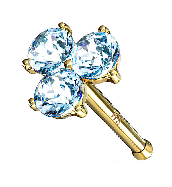 20G Aqua Trinity CZ 14kt Gold Nosebone