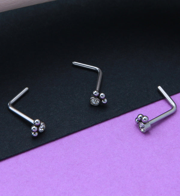 Triple Beaded Clear CZ L Bend Nose Stud