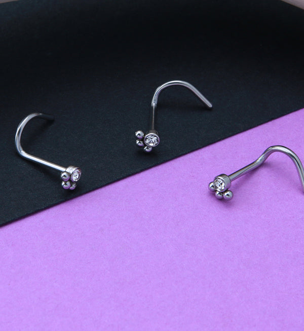 Triple Beaded Clear CZ Nose Screw Ring