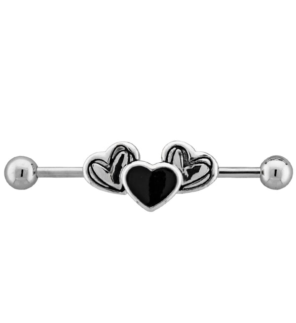 Triple Black Heart CZ Industrial Barbell