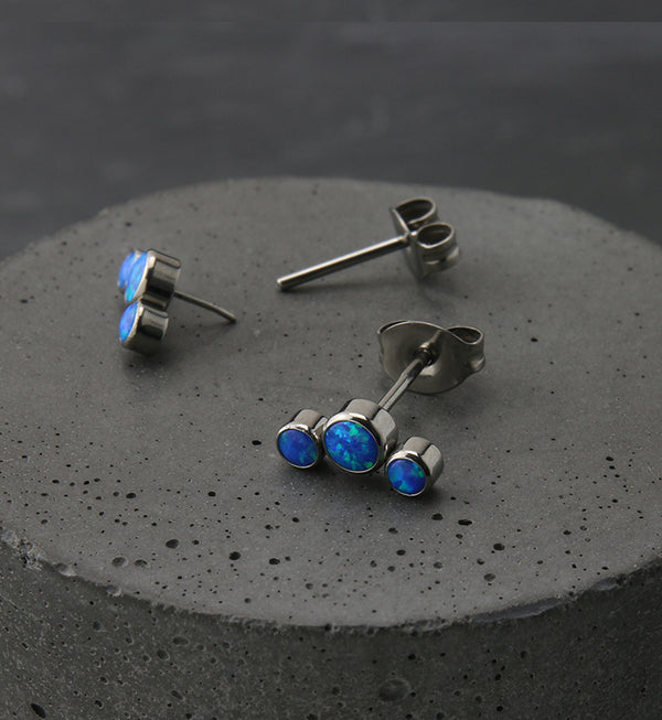 Triple Blue Opalite Titanium Threadless Earrings