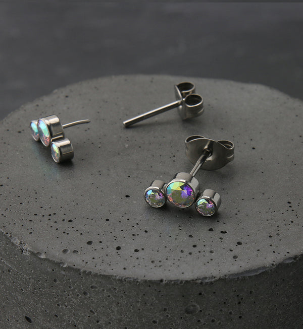 Triple Rainbow Aurora CZ Titanium Threadless Earrings