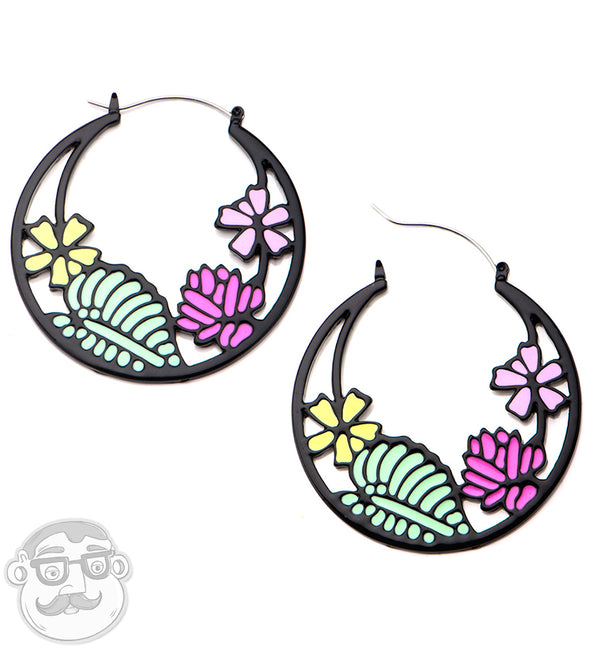 Tropic Flower Black Plug Hoops