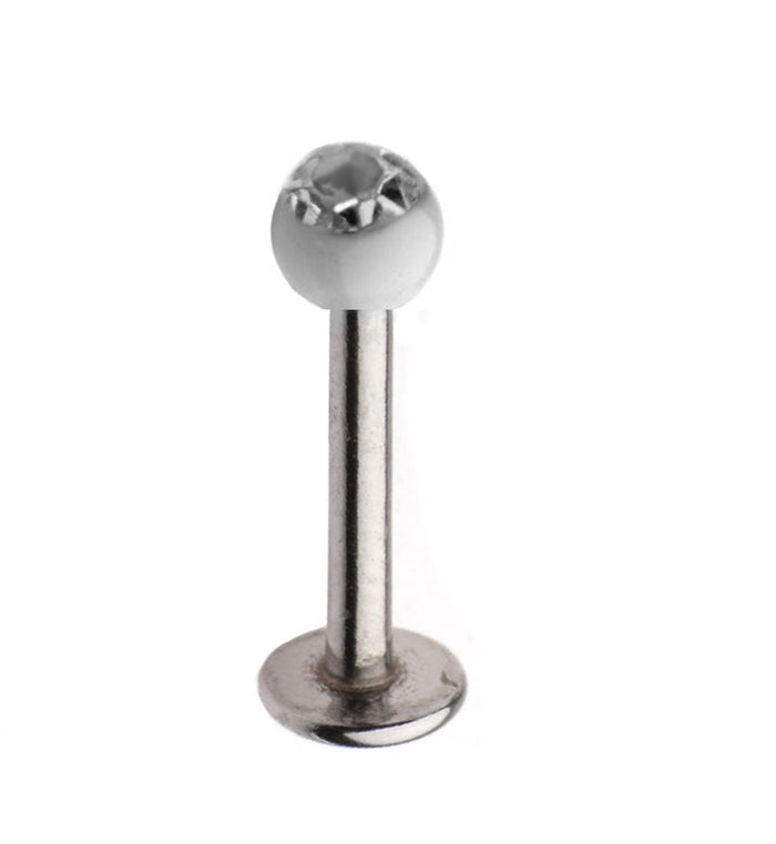 16G Stainless Steel Lip Labret Stud with CZ White Ceramic Ball UrbanBodyJewelry