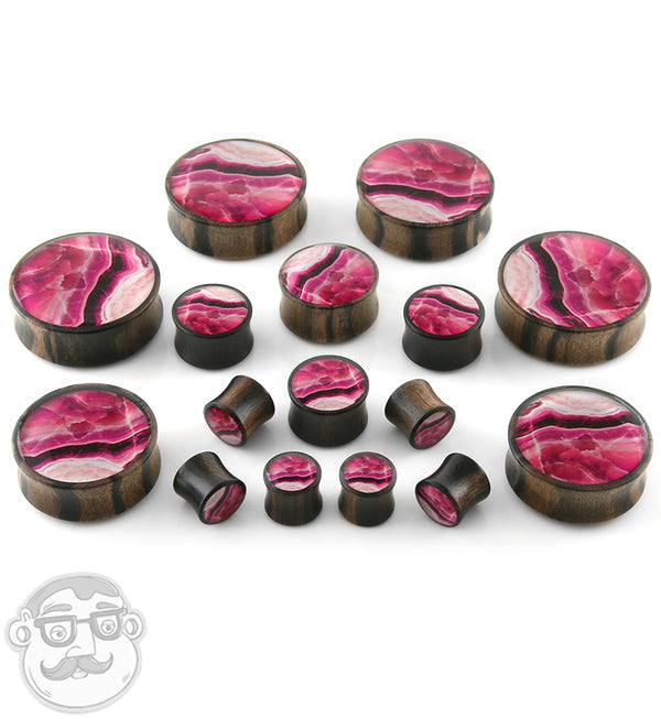 Areng Wood Plugs with Faux Pink Line Agate Inlay (1/2 - 1 & 1/2 Inch)